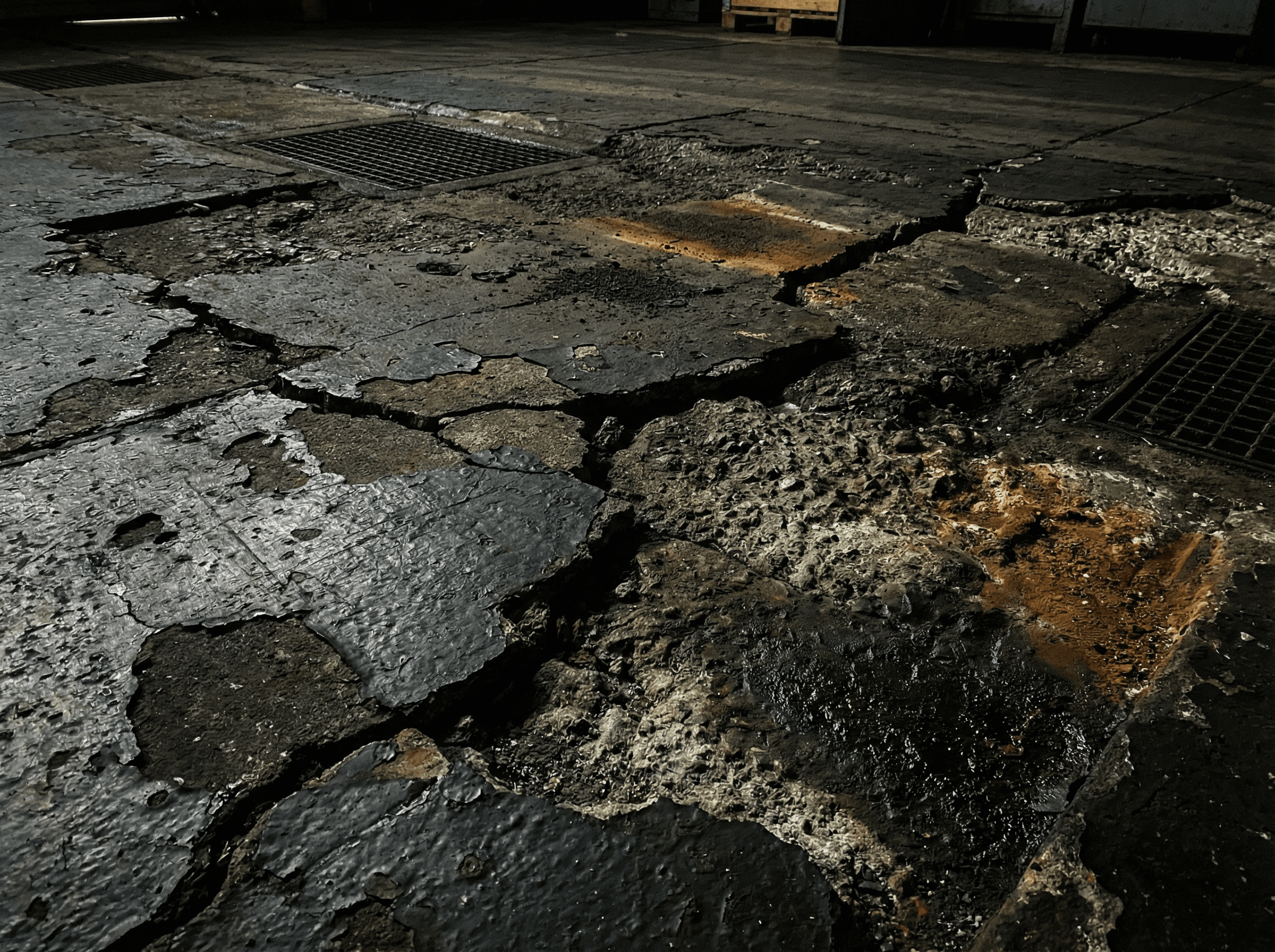 劣化してひび割れた暗い印象の床の写真